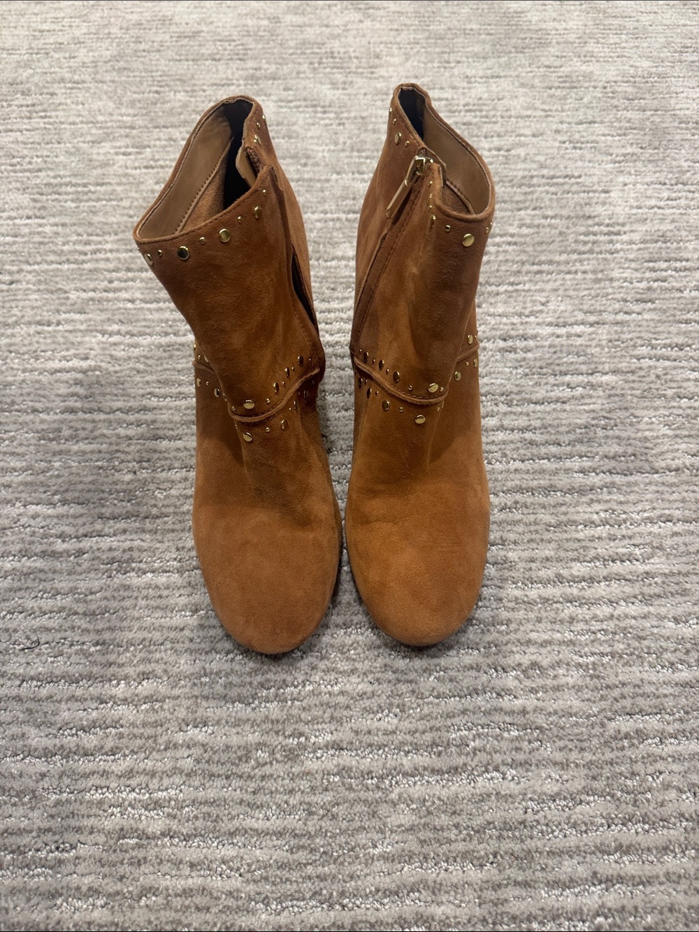 Sam Edelman Cognac Suede Gold Studded Block Heel Ankle Boots Size 10M